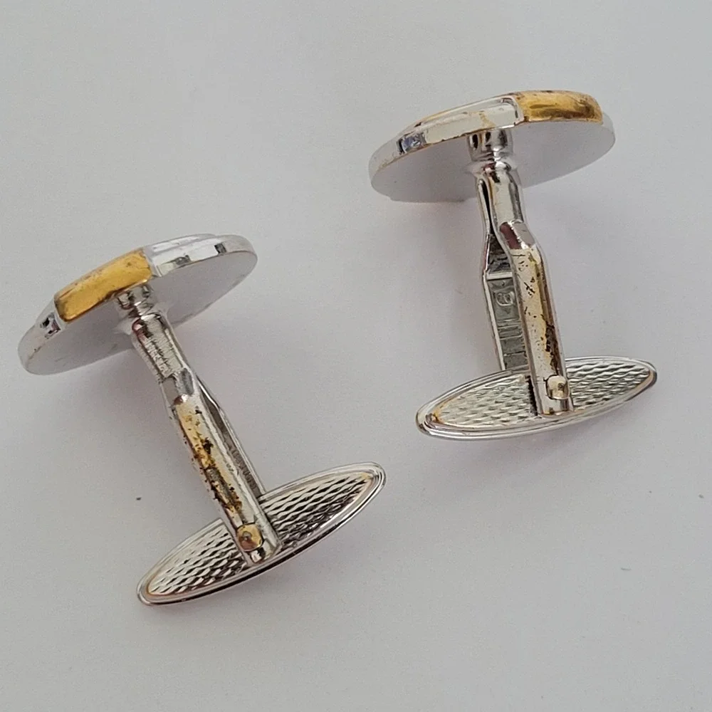 Dunhill AD Logo Two Tone Round Cufflinks Silver Gold Industrial Screw Design